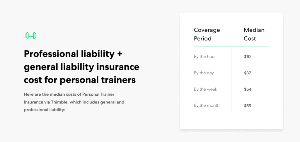 Personal Trainer general and professional liability insurance cost range