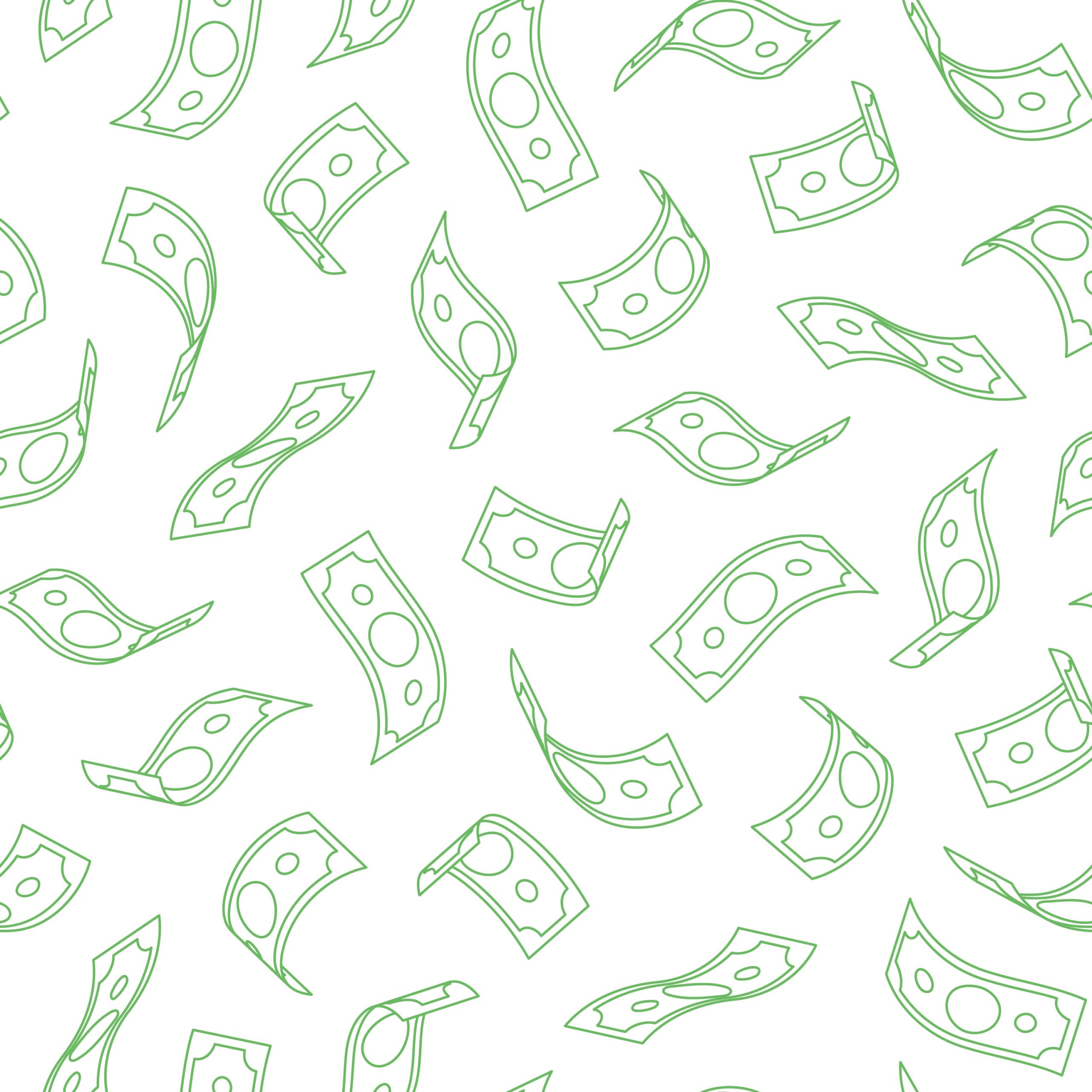 Seamless pattern featuring dollar bill illustrations falling in various three-dimensional positions.
