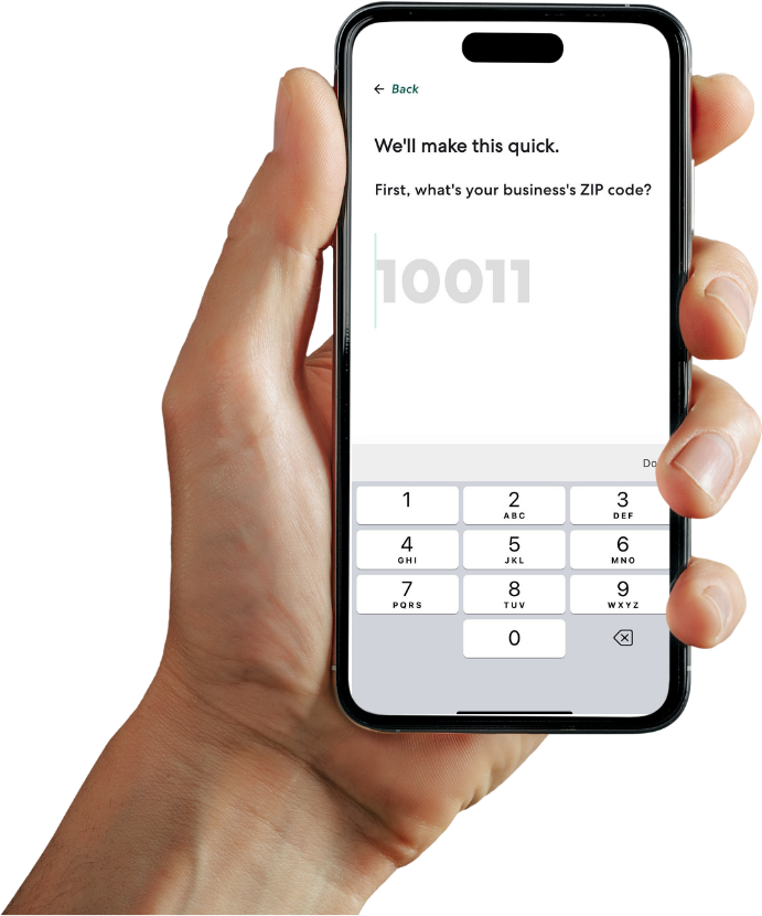 Mobile phone screen with the Thimble Get a Quote funnel that reads "We'll make this quick. First, what's your business's zip code?"